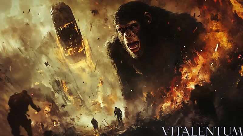 Giant raging ape towers over burning battlefield in chaos