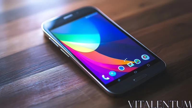 Samsung Galaxy Smartphone Display: Vibrant Gradient UI Interface on Wooden Surface