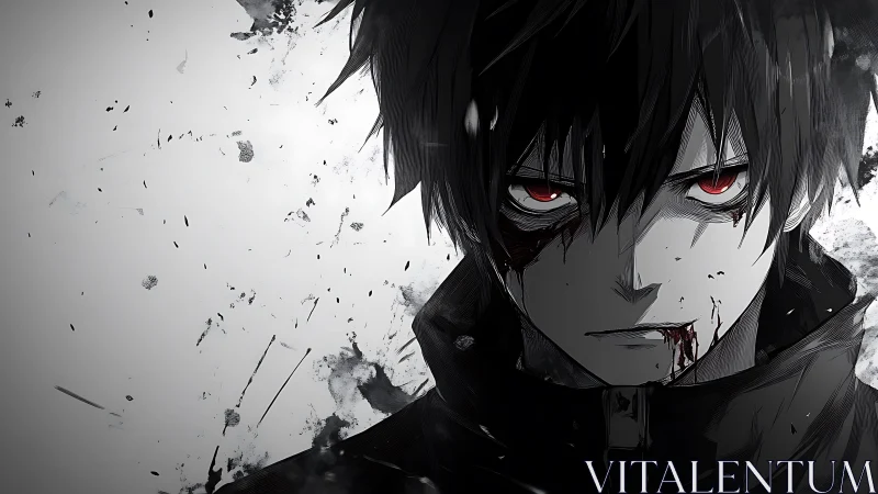 Storm-eyed antihero in ink-splashed grayscale fury.