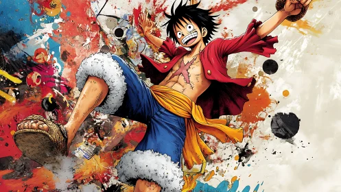 Energetic anime pirate hero over explosive paint bursts.