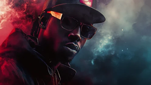 Portrait shows man in cap and glasses amid red blue smoke