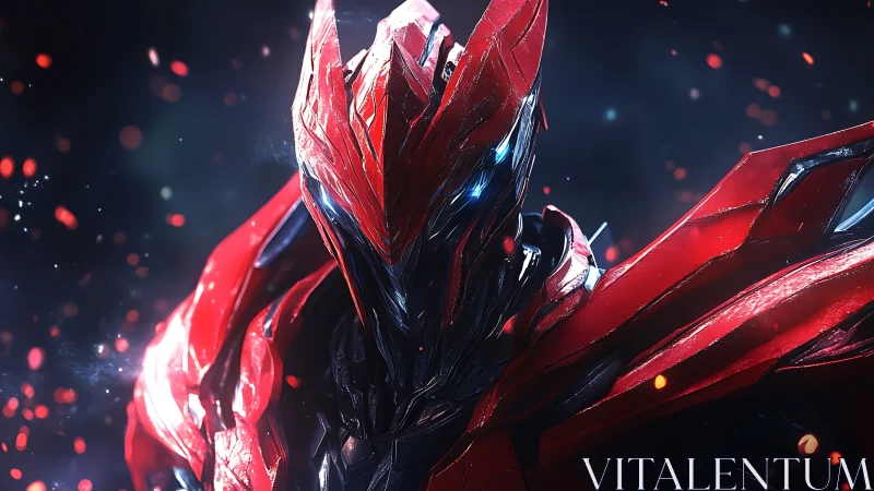 Crimson cybernetic warrior portrait in dynamic ember field.