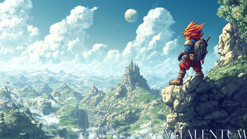 Heroic ridge surveyor scans layered fantasy valley horizon.