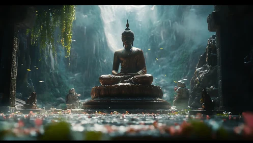 Golden Buddha statue glows serenely in misty jungle shrine