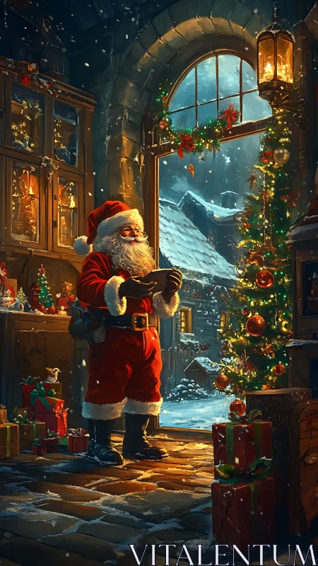Digital painting of Santa in a warm workshop interior at night.