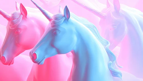 Chromatic 3D unicorn busts rendered in neon pastel gradients