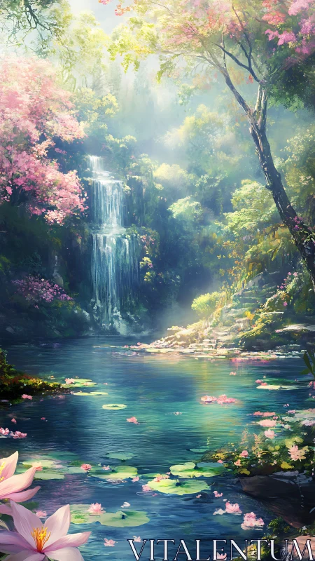 Enchanted forest waterfall descends into luminous lily pond