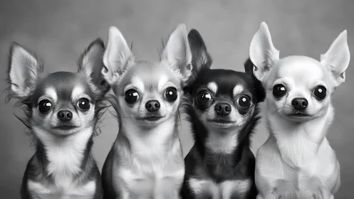 Four chihuahua dogs stare forward in close monochrome portrait