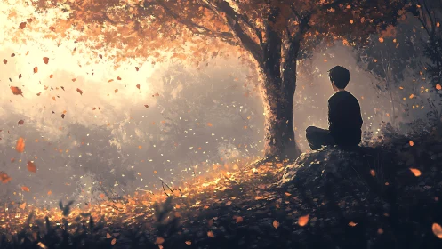 Silent boy beneath autumn ember tree, dreaming inward worlds.