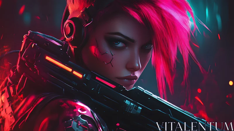 Neon haired cyber rebel ready for a bold futuristic showdown.