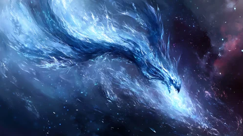 Spectral ice dragon erupts through nebular void with dynamic fluid motion