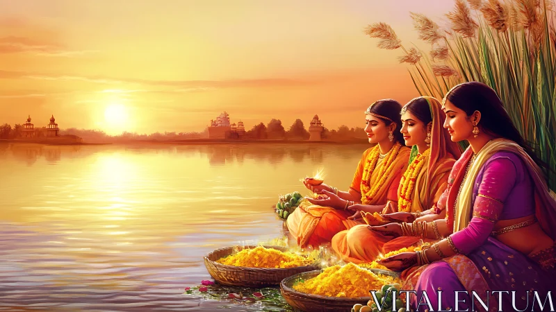 Women in Traditional Attire Performing River Ritual at Sunrise.