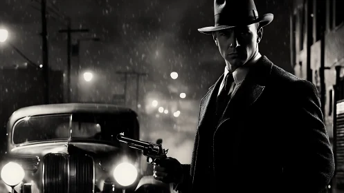 Noir detective in rainlit alley with vintage sedan poised.