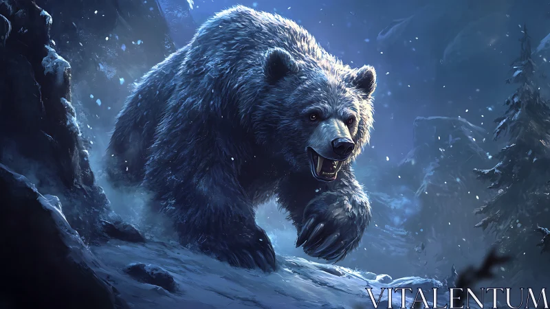 Powerful winter bear charges boldly through snowy forest