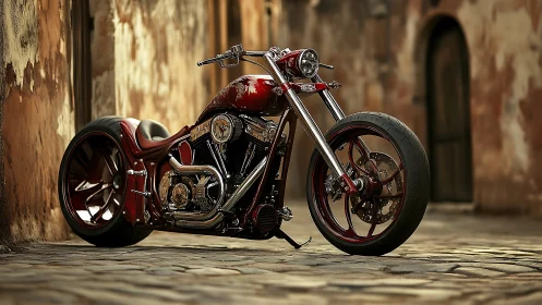 Custom red chopper motorcycle on cobblestone street at dusk.