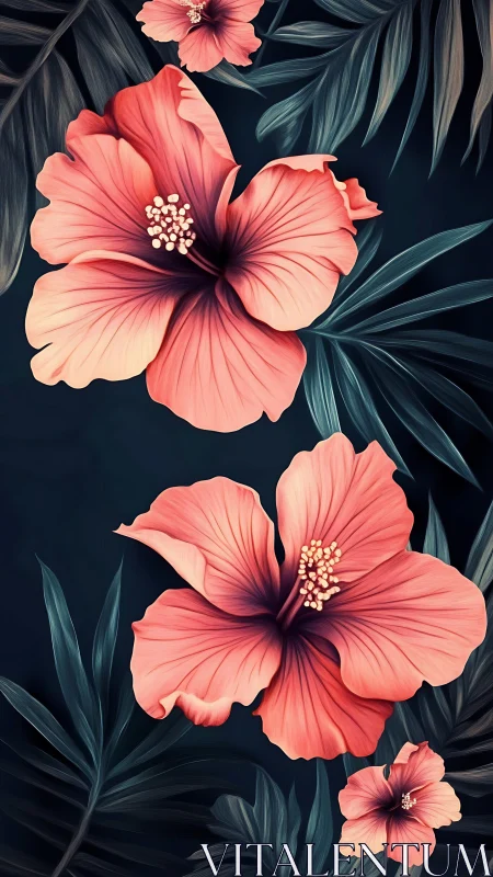 Tropical Hibiscus Flowers with Dark Foliage.
