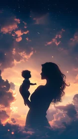 Silhouetted Mother and Child Against Sunset Sky.