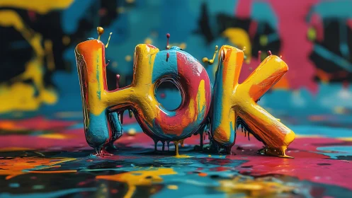 Colorful dripping HOK letters splash joy across the scene