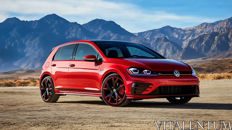 Red sport hatchback car stands in sharp contrast to arid mountains