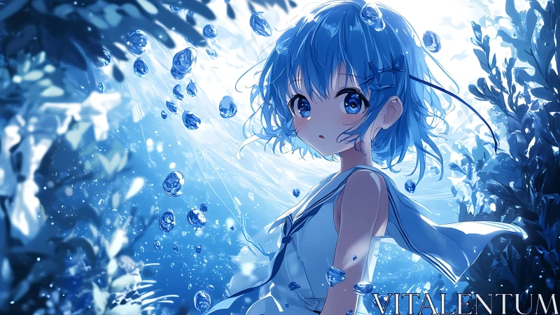 Blue haired anime girl in luminous underwater garden.