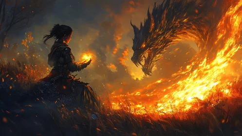 Sorceress confronting emergent fire dragon in dusk-lit grassland