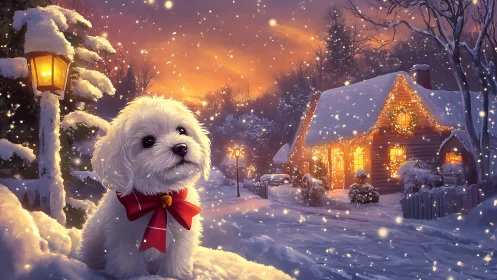 White puppy watches snowy cottage under warm dusk sky