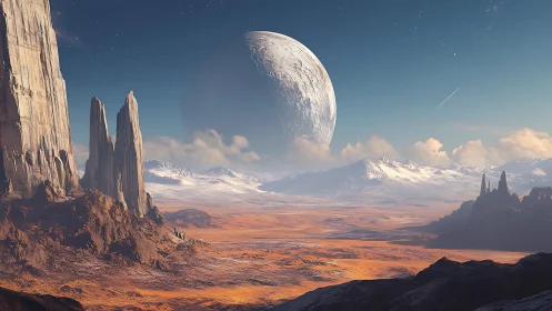 Distant planet rises over quiet red desert and pale mountains