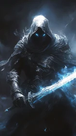 Hooded dark warrior holding glowing blue enchanted sword.