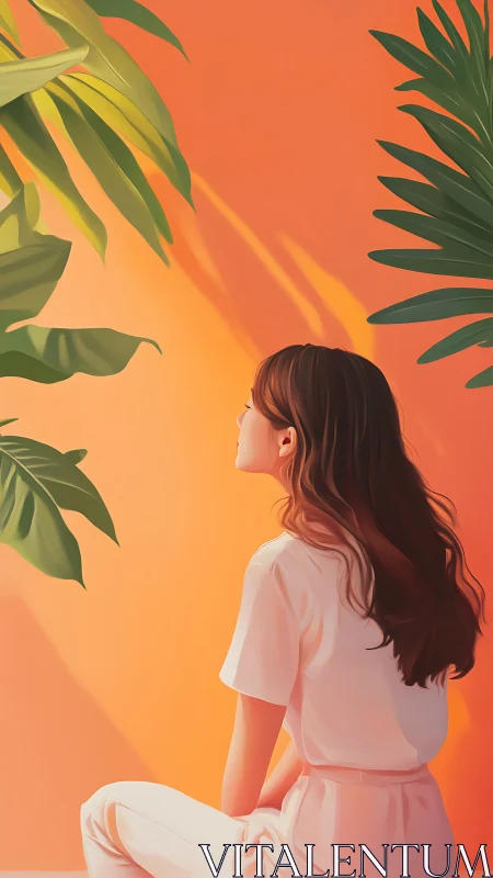 Soft sunlight wraps a quiet girl among lush green leaves