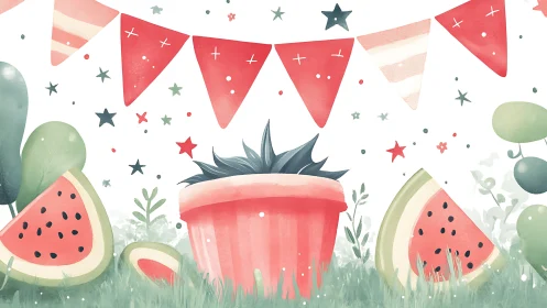 Anthropomorphic Watermelon Character with Festival Bunting Elements.