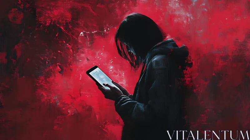 Solitary hooded figure lit by phone against red backdrop.