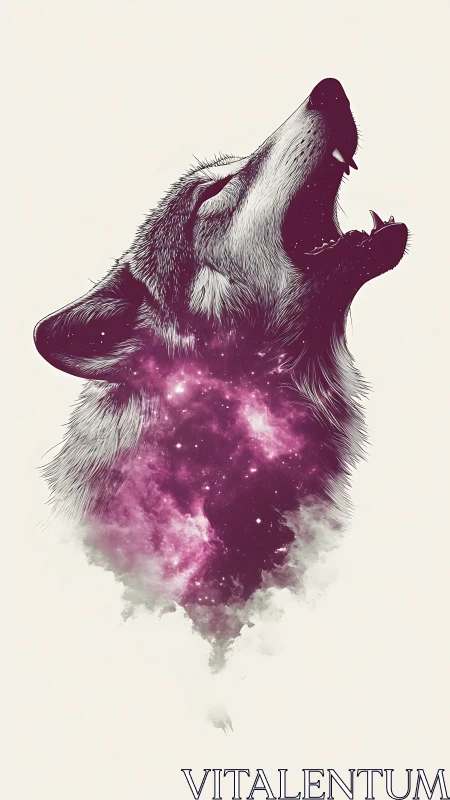 Howling wolf silhouette merged with glowing purple galaxy.