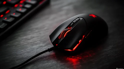 Gaming mouse with red LED lighting rests on dark surface
