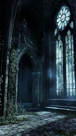 Gothic cathedral ruin with stained glass and creeping ivy.