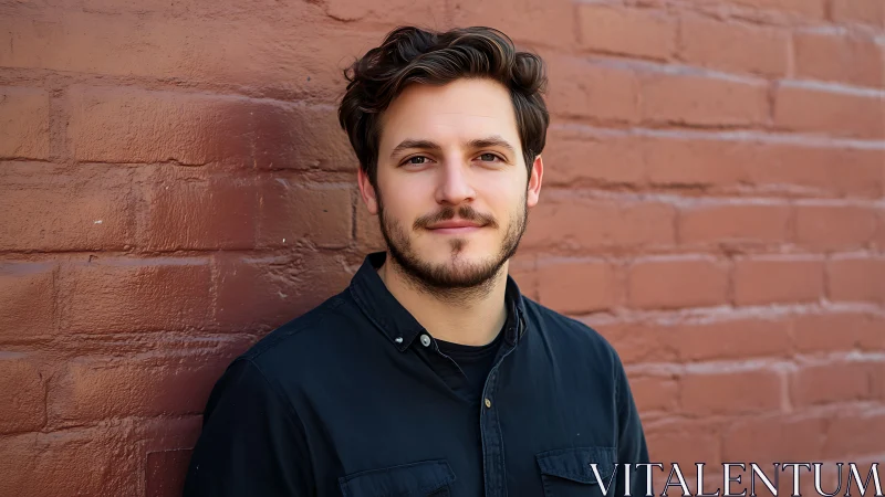 Man in dark shirt standing against red brick wall outdoors.
