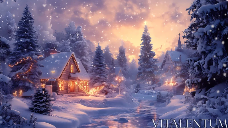 Cozy winter cabin village glowing under a gentle snowfall.