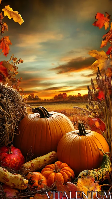 Autumn pumpkins glow beneath a fiery harvest sunset sky.