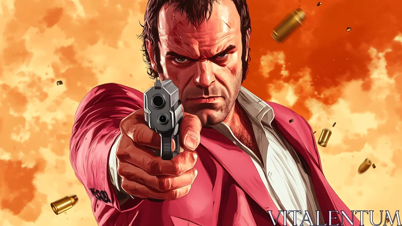 Male figure aiming handgun amid orange sky backdrop.