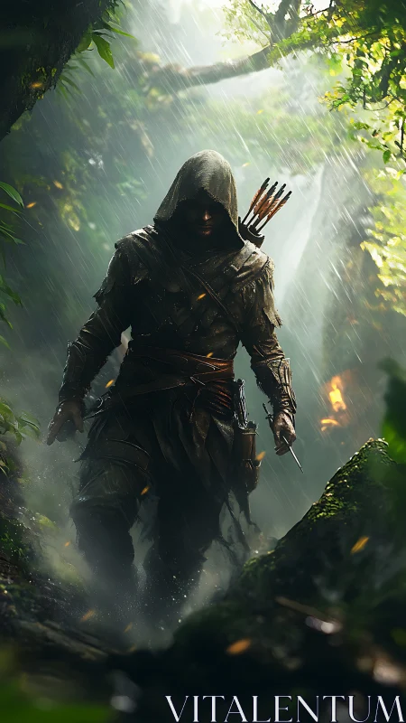 Hooded forest ranger stalking through rain soaked jungle.
