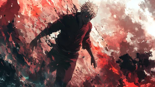 Crimson storm walker strides through exploding painted chaos.