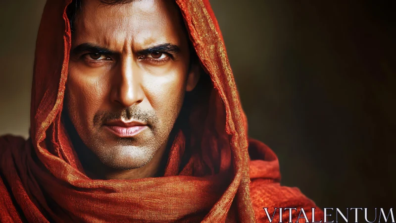 Desert-eyed guardian wrapped in ember-red ceremonial robes.