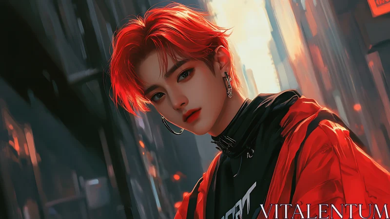 Neon ember stray with scarlet hair in dusk-lit alleys.