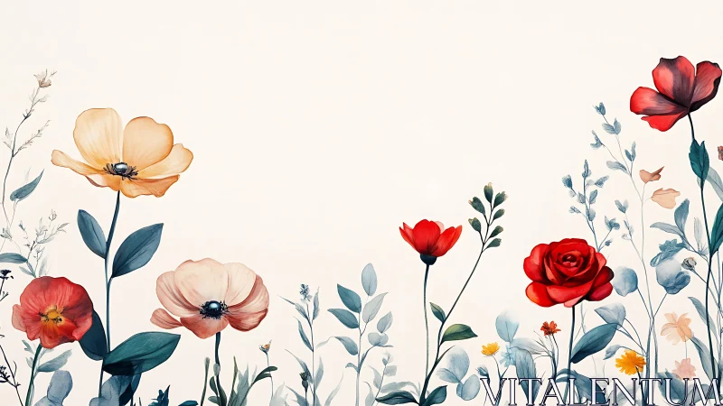 Botanical watercolor garden composition with vibrant florals and delicate foliage