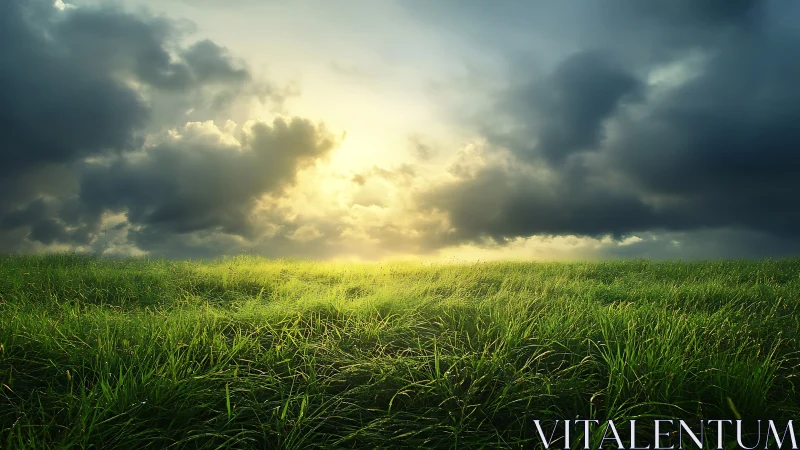 Backlit grass field under dramatic cumulonimbus cloud formation