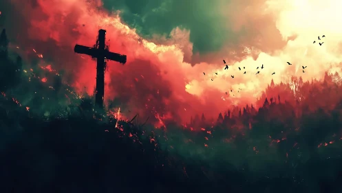 Burning hillside cross amid crimson wildfire skyscape.