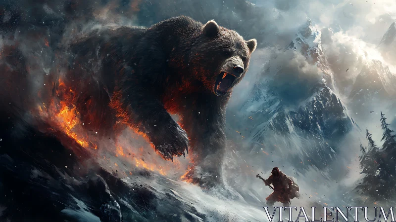 Mountain colossus bear roars over ember-lit frozen pass.
