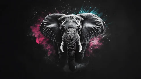 Cosmic tusker strides from neon dust and midnight shadow