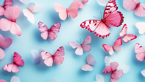 Pink butterflies drift gracefully across a soft blue sky