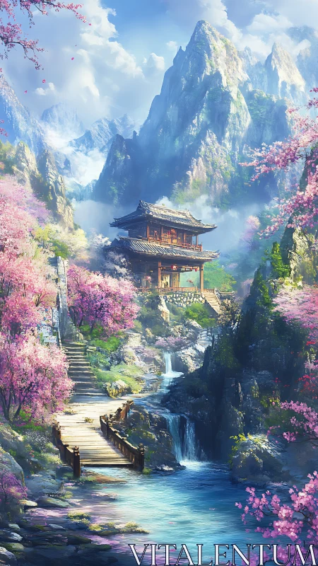 Mountain shrine amid radiant cherry blossoms and waterfalls.