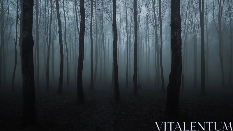 Misty deciduous forest in low key atmospheric perspective.